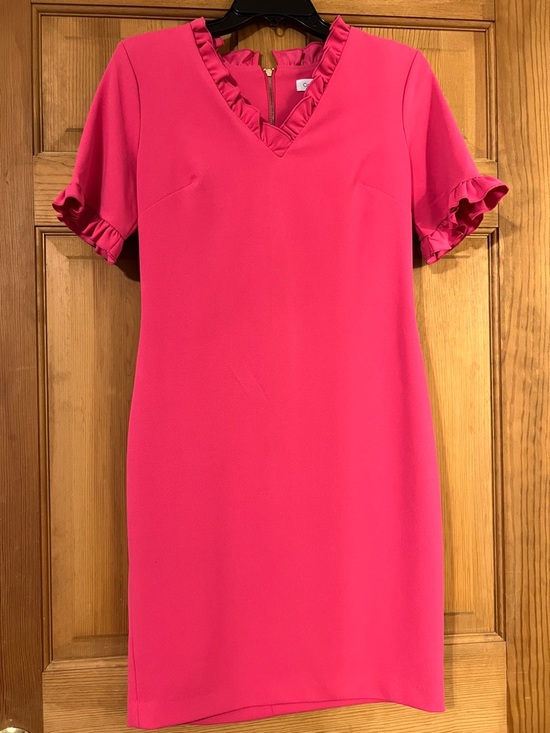 Calvin Klein Dresses & Skirts - Calvin Klein Hot Pink V-Neck Shift Dress with Ruffle Trim